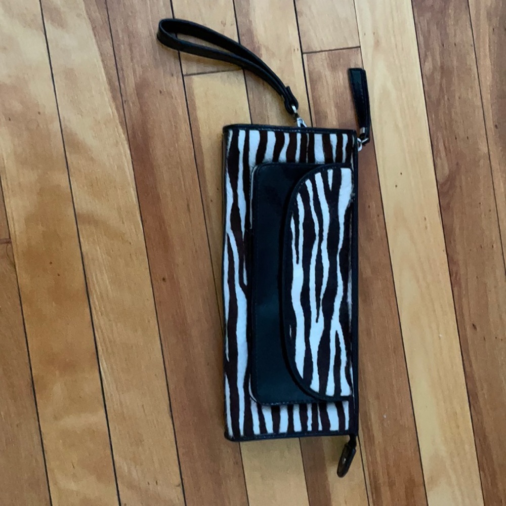 Brown zebra and black Talbots oversized wristlet.
